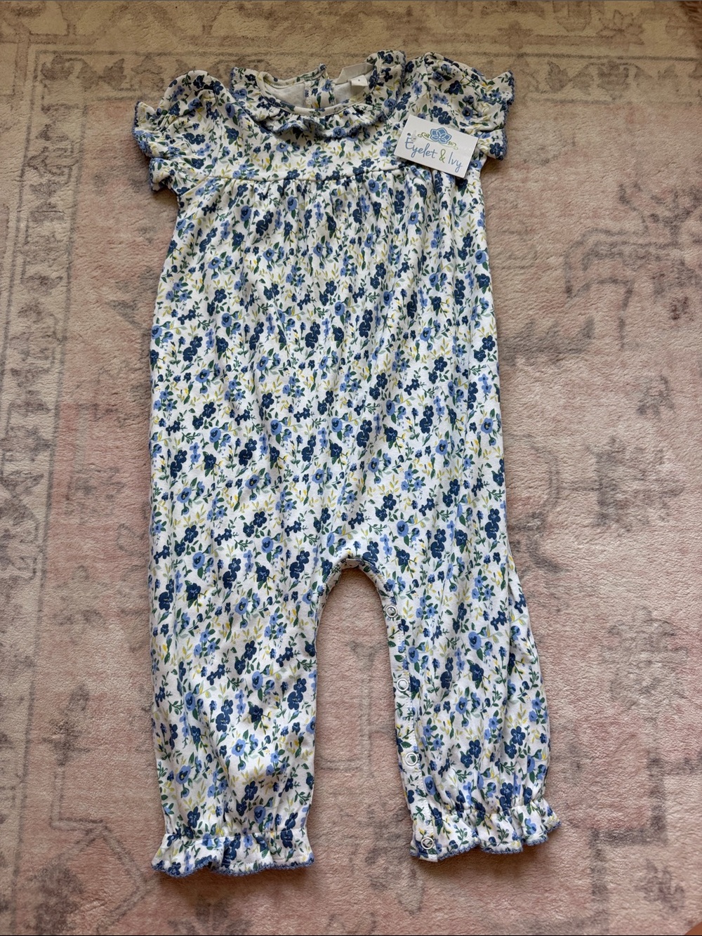 Blue Floral Cotton Baby Romper with Ruffle Sleeves